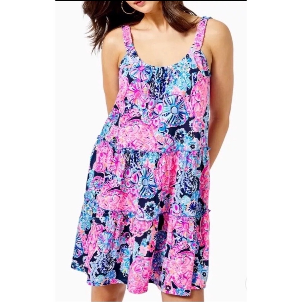 LILLY PULITZER High Tide Navy Pink Turtle Tiered Swing Dress Large